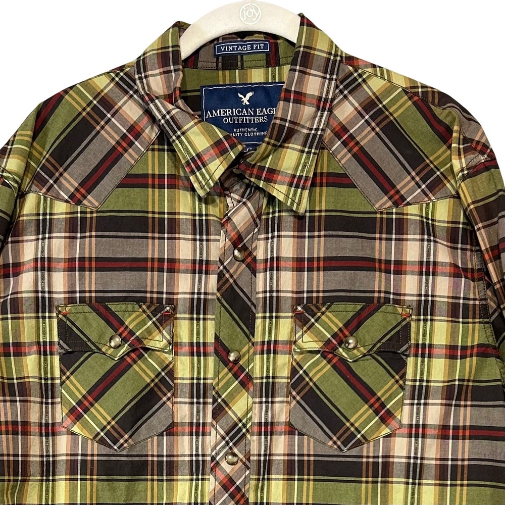 American Eagle Western Shirt Vintage Fit Mens XL Green Plaid Cotton Cowboy Retro